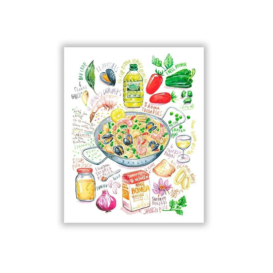 Spanish Paella Recipe Print, Watercolor Painting, Seafood Illustration Poster, Cook in Spain, European Cuisine, Colorful Kitchen Wall Art