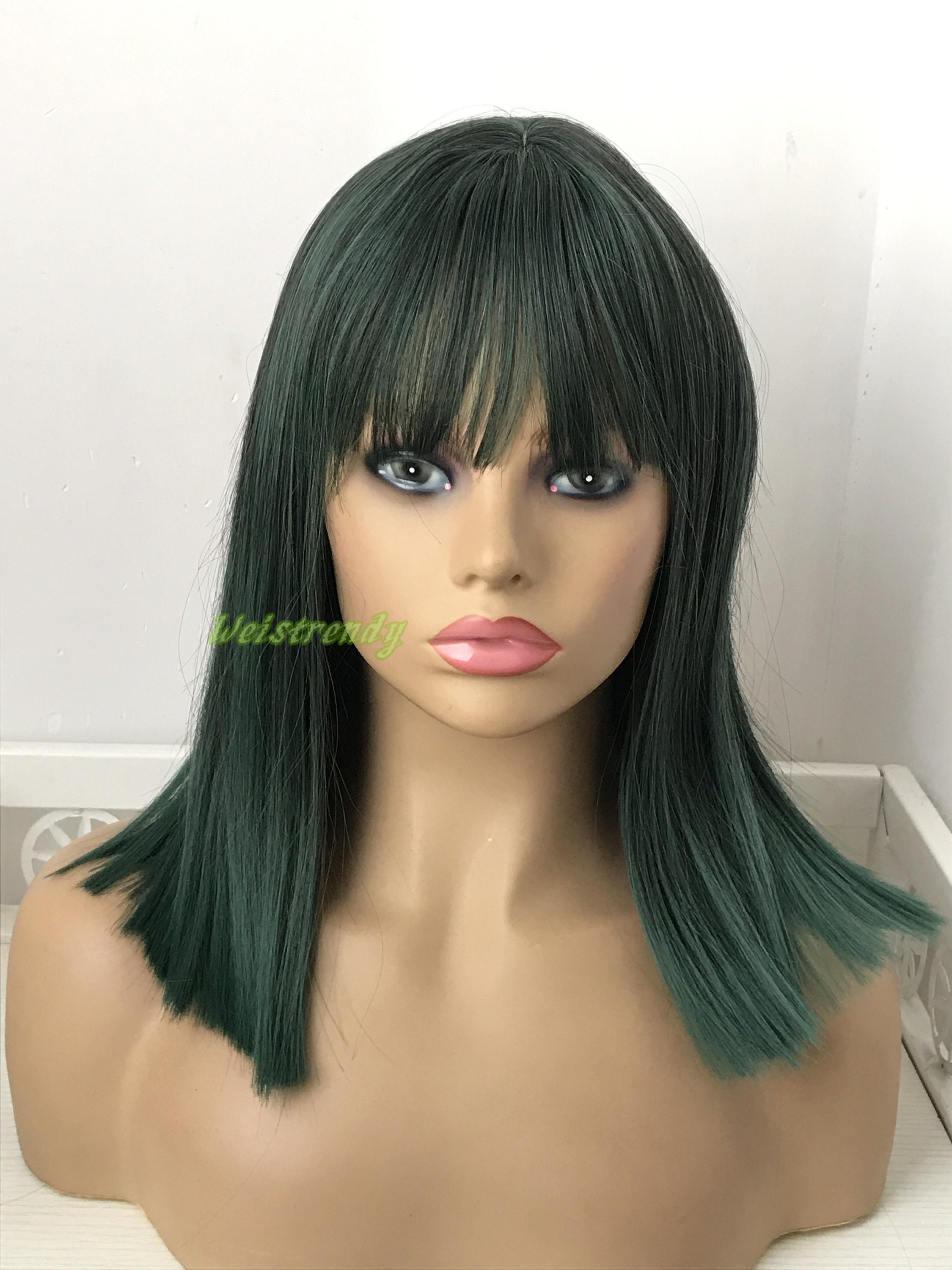 Black Green Blend Medium Length Straight Bob Hair Premium Synthetic Wigs With Bangs