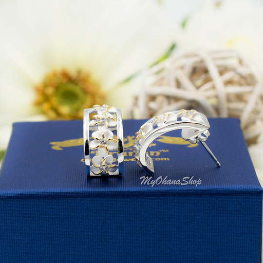 sterling Silver Hawaiian Plumeria Earrings For Girls, Women. 8mm Half Moon Hoop Flower Earrings. Tropical Jewelry Her