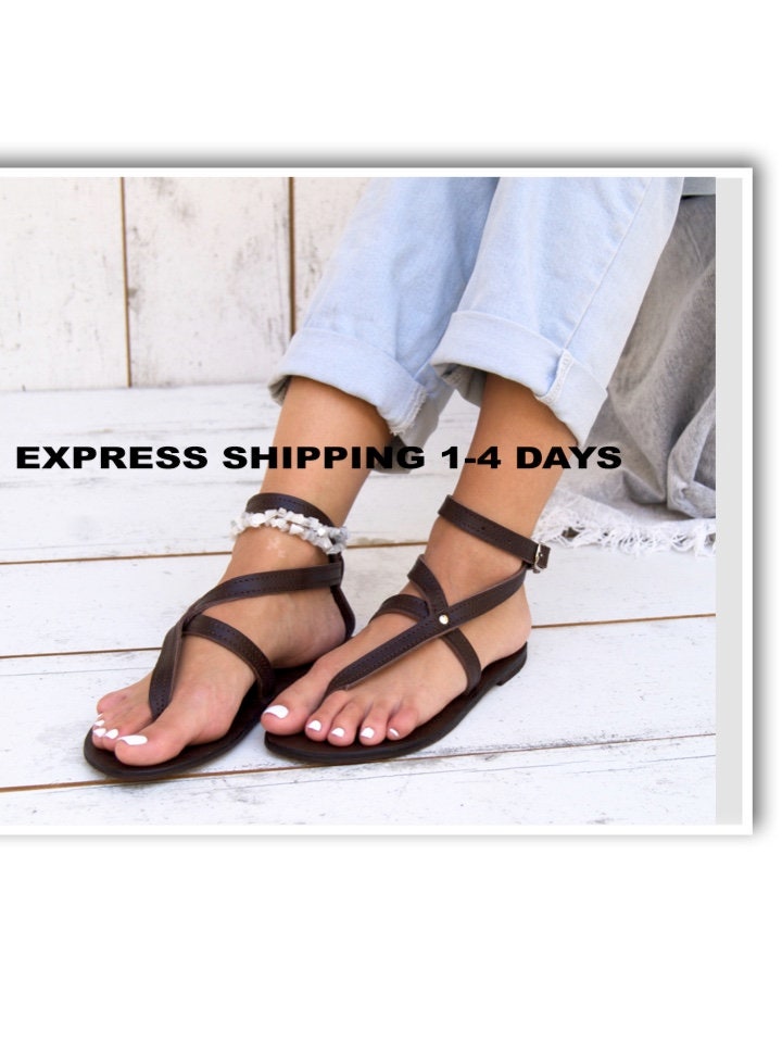 Agnete Brown Sandals/ Greek Leather Ankle Cuff Ancient Grecian Handmade Thong Flats/ Gold Sandals