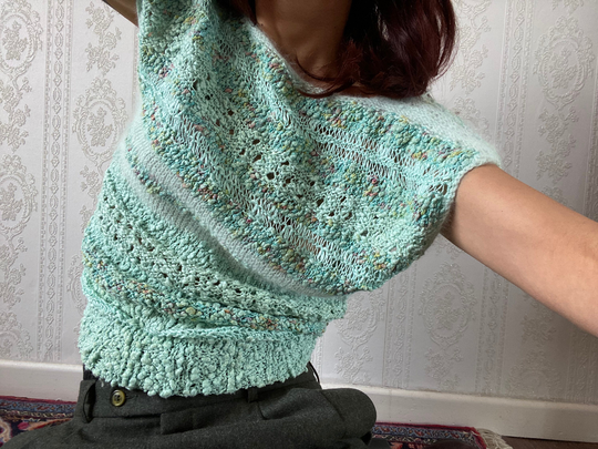 Vintage Deep V Cap Sleeve Hand Knit Wool Blend Top/ T-Shirt/ M - L