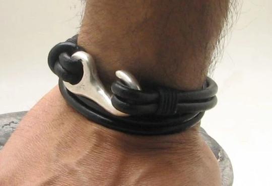 Men's Leather Bracelet. Black Wrap Men's Bracelet With Silver Plated Hook Clasp. Gift For Men. Him. Dad