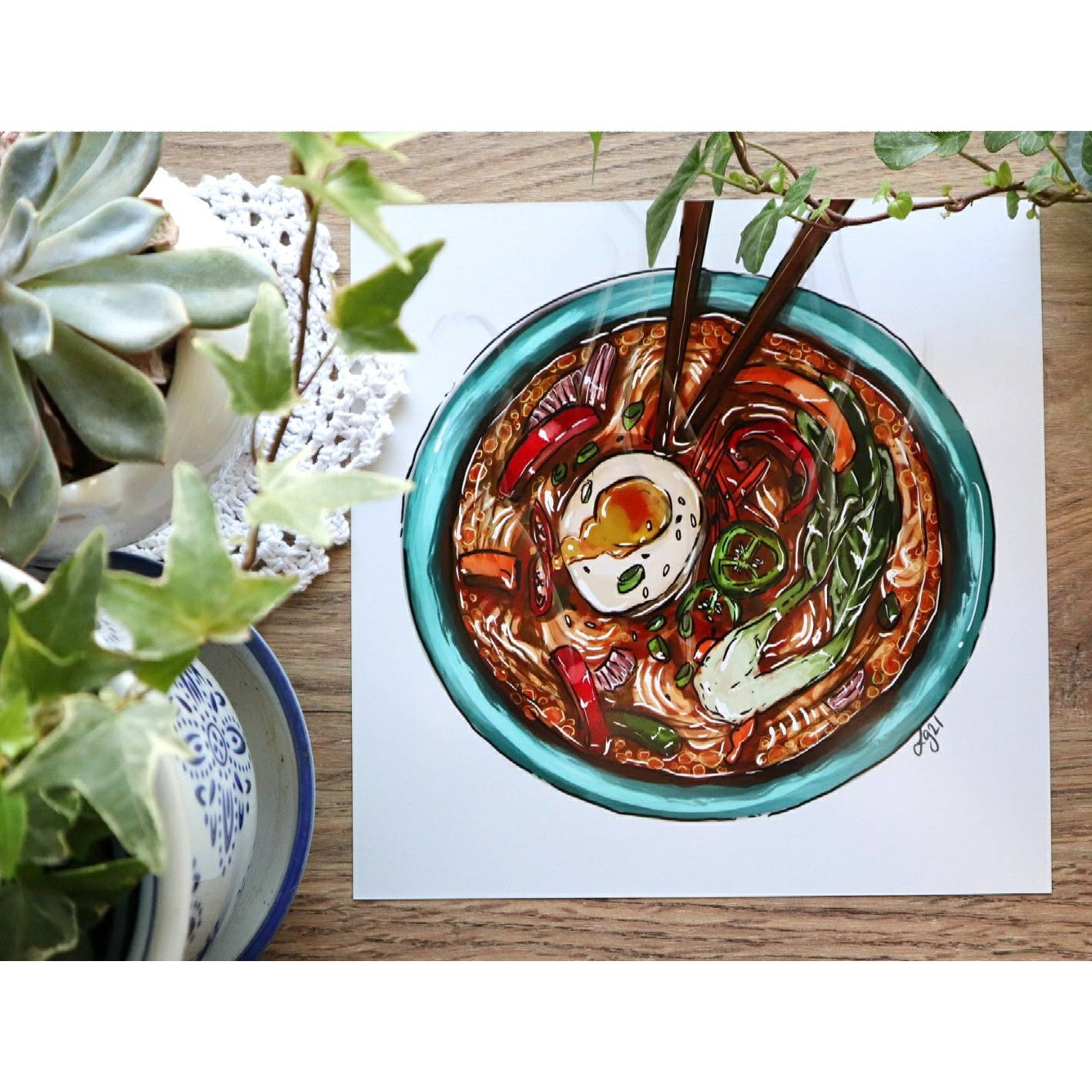 Sale Ramen Bowl Food 8x8 Art Print; Vintage Inspired Semi-Matte Photograph Artwork Hand Drawing; Painting Gift