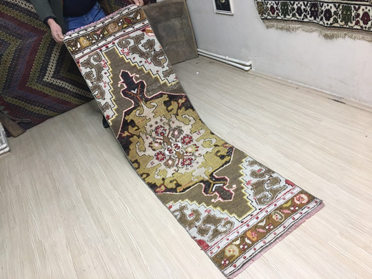 2 X 6'6" Vintage Runner Rug, Turkish Handwowen Kitchen Brown Green Handmade Oushak Narrow