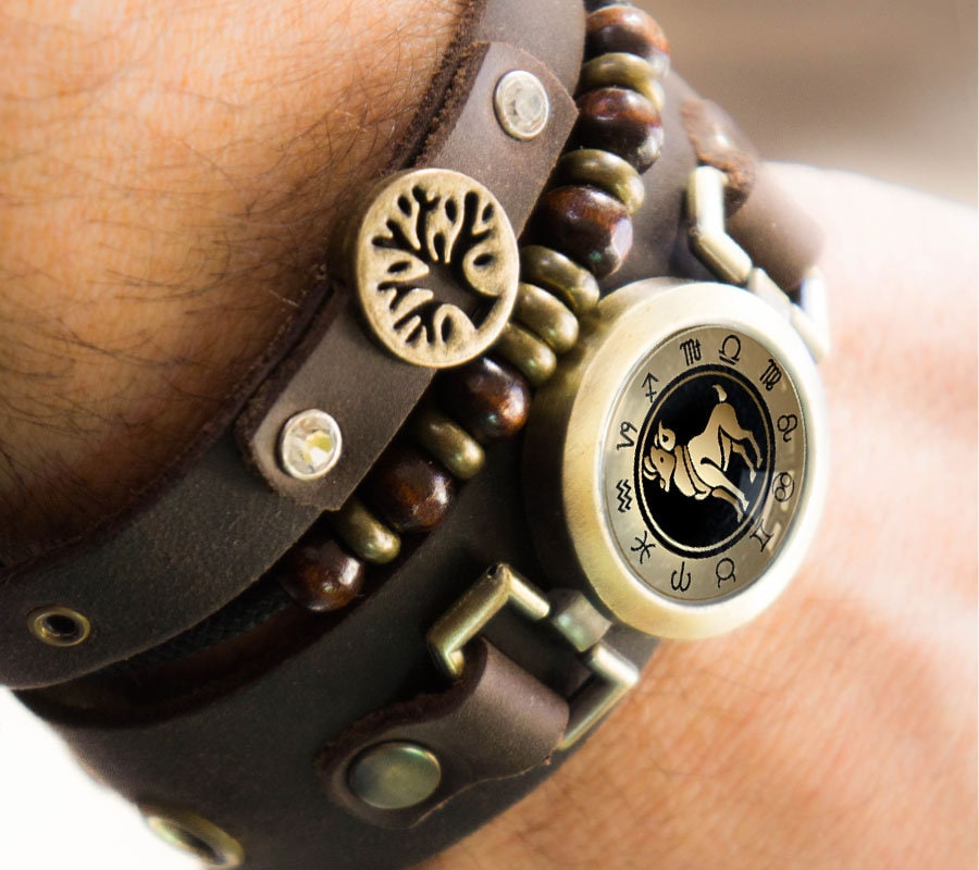 Aries Gift For Him - Tree Of Life Bracelet With Zodiac Astrology Genuine Leather Wristband Cuff Star Sign Man
