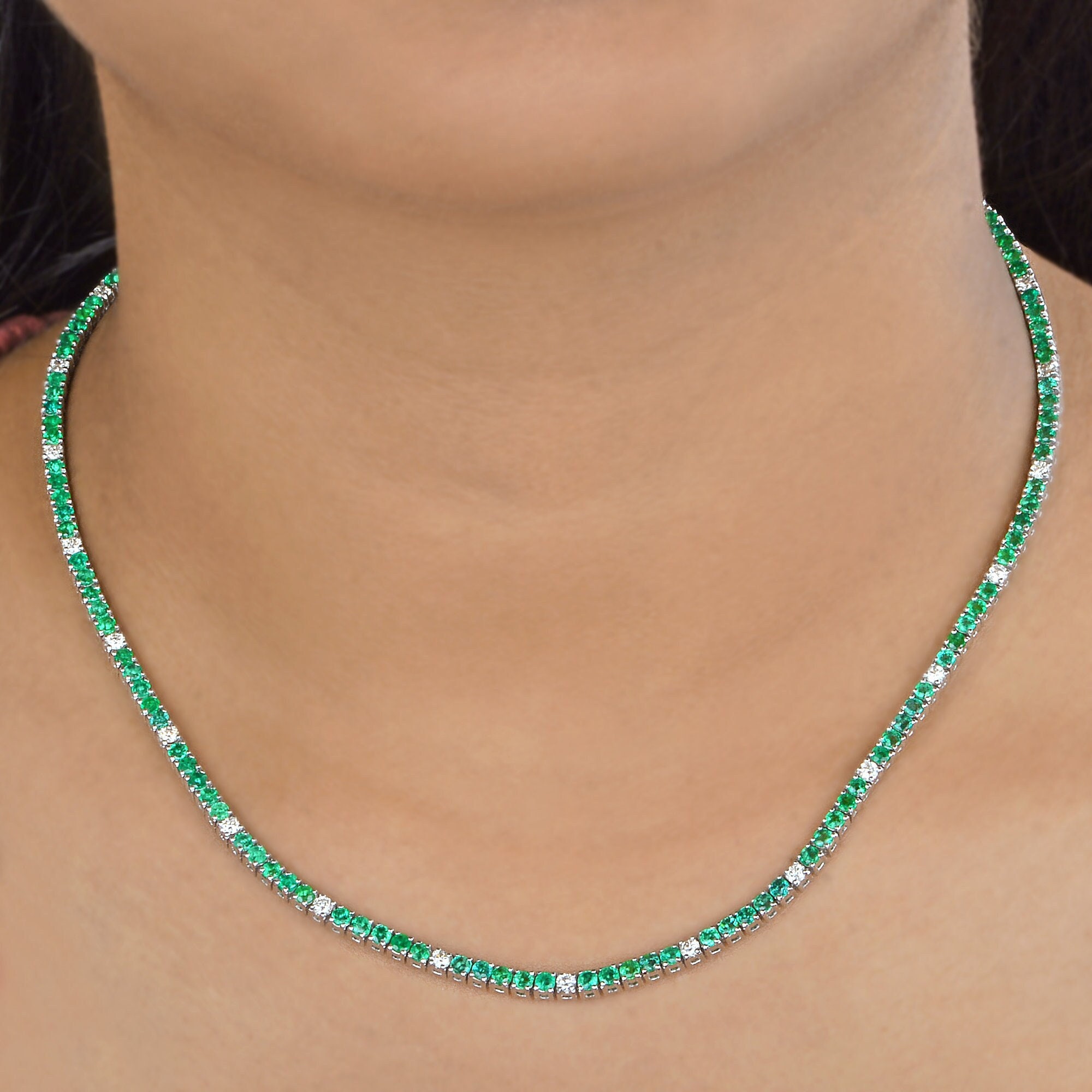10K White Gold Green Natural Zambian Emerald & Diamond Unisex Tennis Necklace 16 Inch Chain Certified Anniversary Beautiful Gift