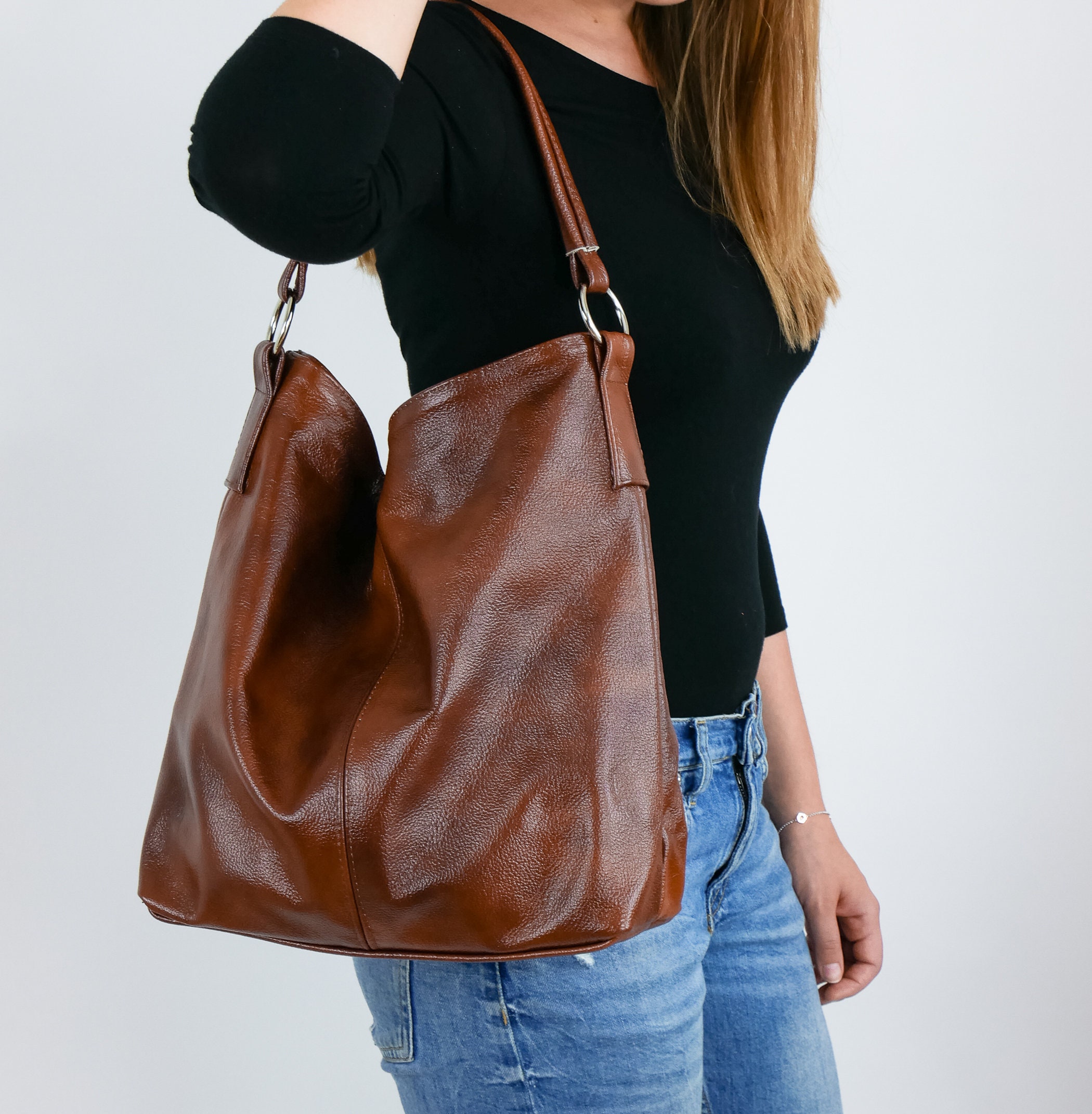 Brown Leather Hobo Bag, Crossbody Bag, Everyday Tote Cognac Leather Handbag, Laptop Shoulder Hobo Ha