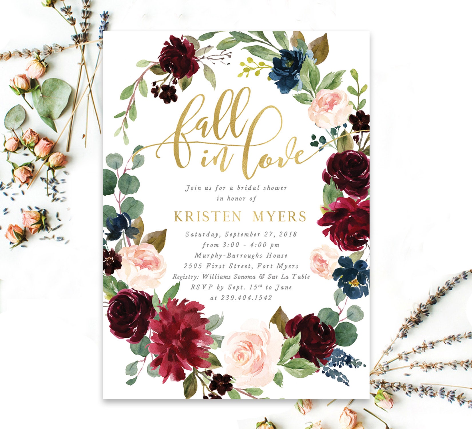 Fall in Love Bridal Shower Invitation, Invite, Navy, Burgundy, Blush Autumn Invite - Kristen