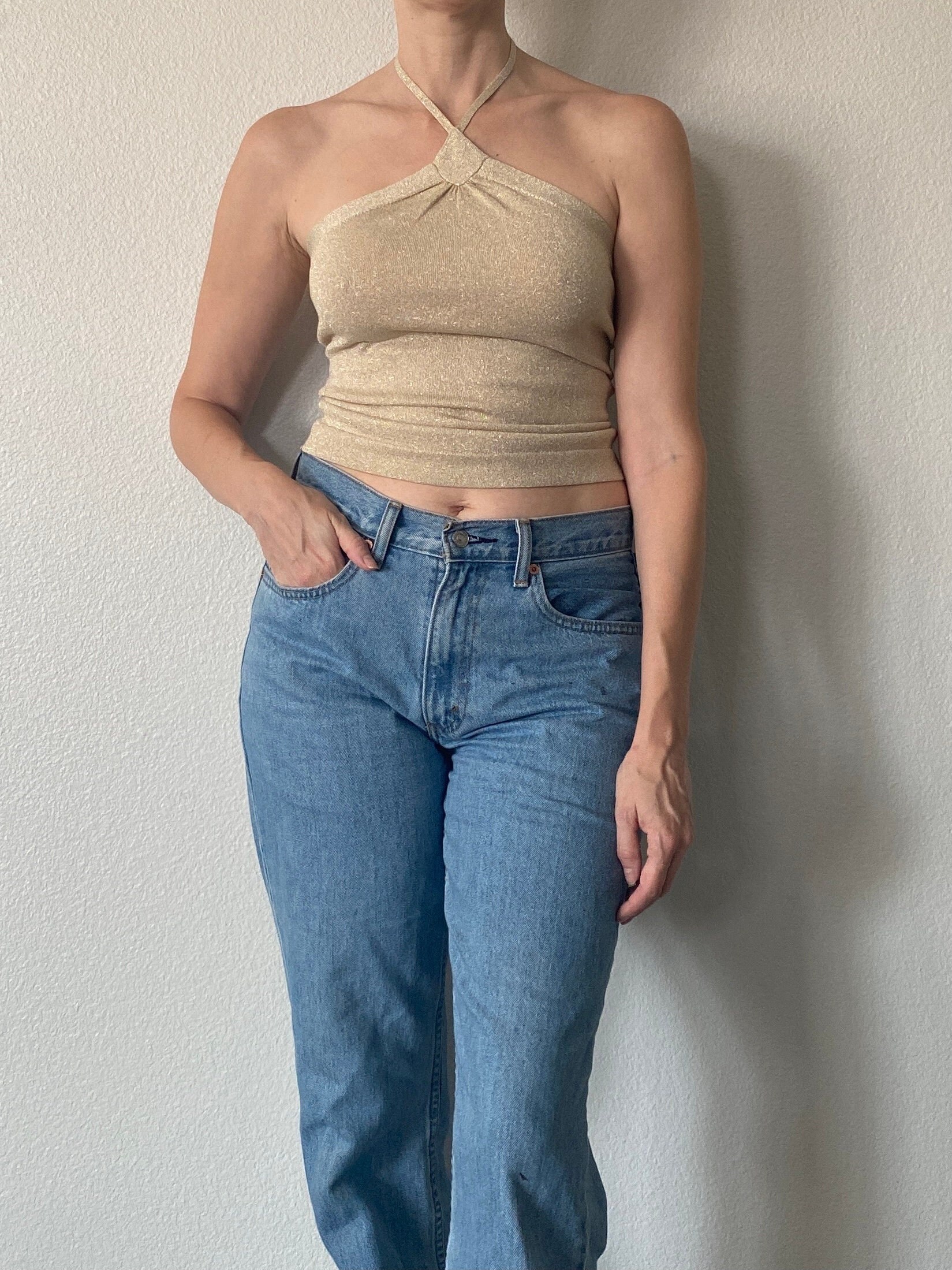 Vintage Express Silk Blend Gold Metallic Halter Top Small