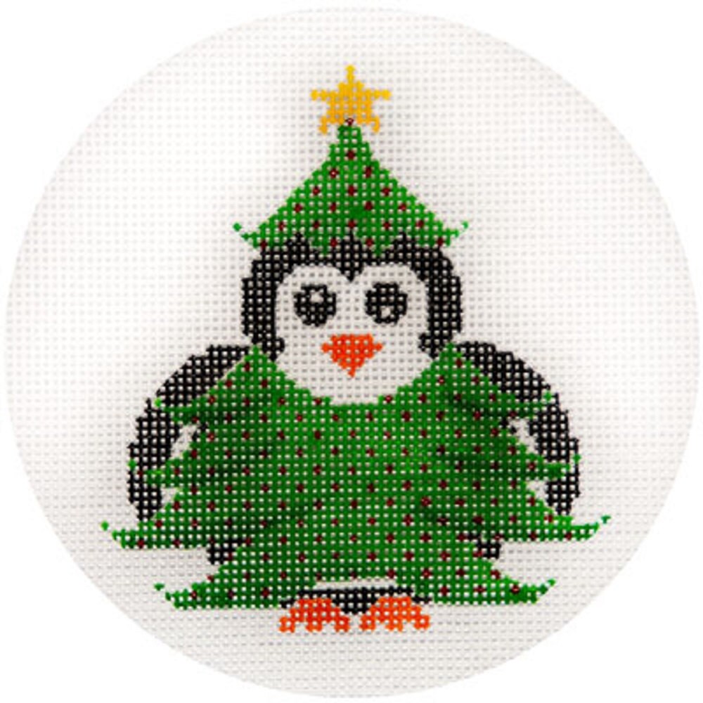 Needlepoint Handpainted Jp Needlepoint Christmas Tree Penguin 4.5 - Free Us Shipping