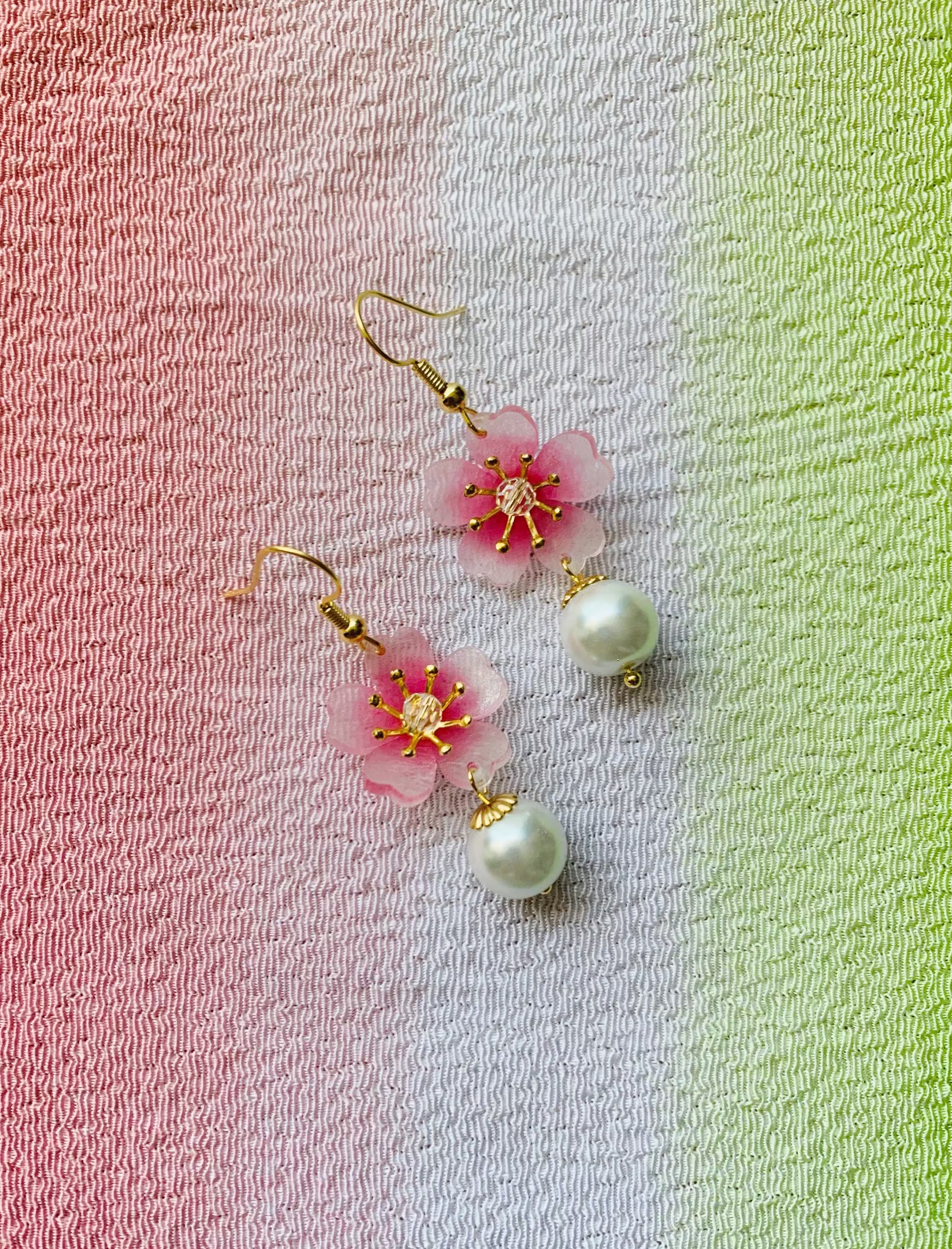 Cherry Blossom Pink Sakura Flower With Pearl Drops Japanese Earrings, Handmade Aesthetic Kawaii Gift For Her