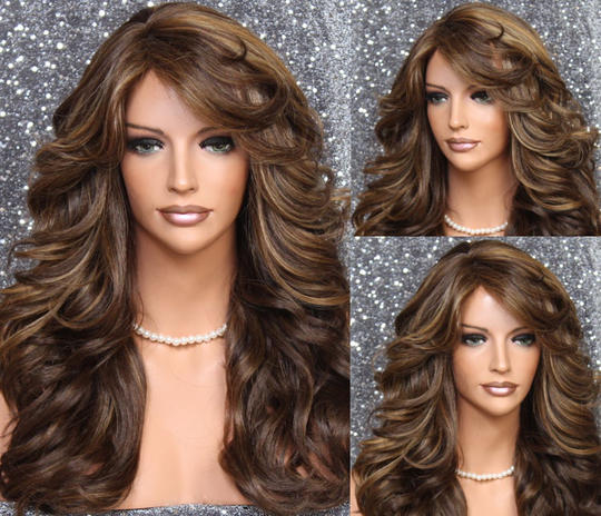 Human Hair Blend Long Wig Wavy Caramel Brown Blonde Mix Feathered Sides With Bangs Heat Safe Cancer/Alopecia/Theater/Club