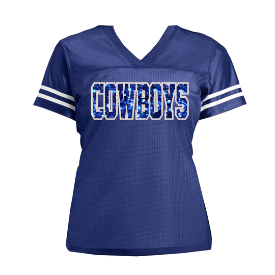 Royal Blue & White Glitter Cowboys Jersey - Or Choose Your Team Dallas Texas Football Shirt For Women, Mesh V-Neck Bling Top