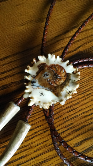 Bola Tie, Antler Bolo Hand Painted Rocky Mountain Sheep, Original Ram Painting, Dark Brown Leather Braided Tie, Long Tie Slide
