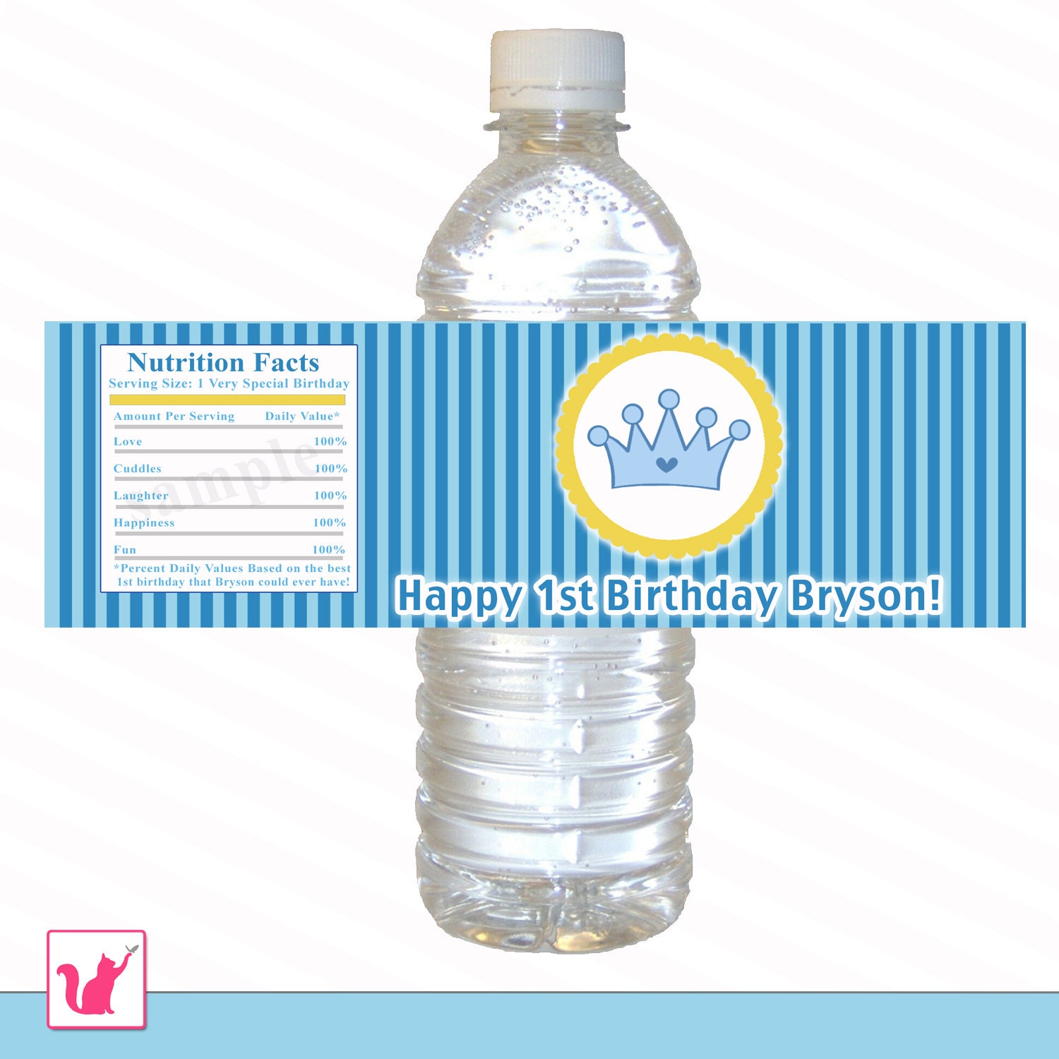 Printable Personalized With Name Blue Stripes Prince Bottle Label Wrappers - Boy Birthday Party Lines Water Wraps