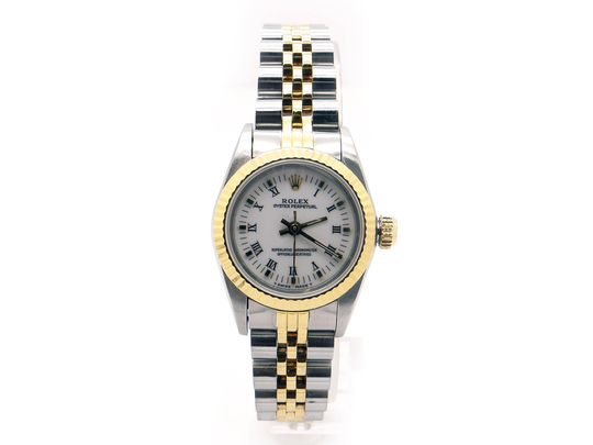 Rolex Oyster Perpetual 26mm Steel 18K Gold Automatic Watch 67193 White Roman