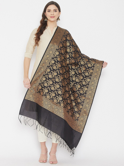 Women's Silk Blend Black & Gold-Coloured Woven Design Banarasi Dupatta With Zari Work Free Shipping