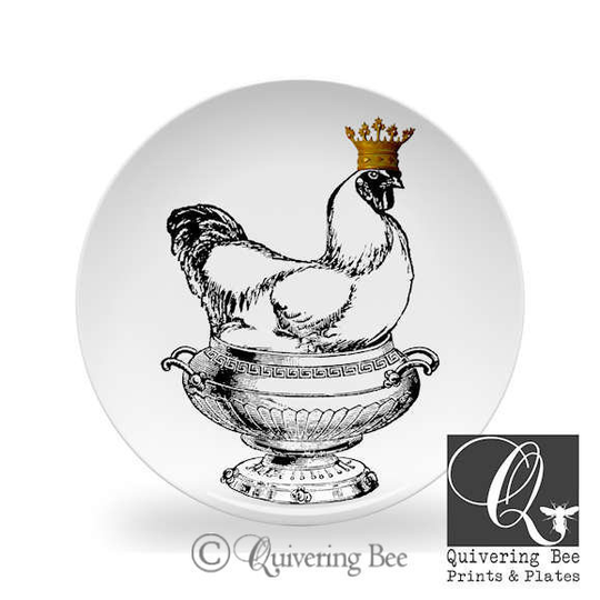 Chicken Dinner Plates, Chicken Soup Art Plate, Thermosāf® Dinnerware, Black & White Dinner Plates, Custom Dishes, Chicken Kitchen Decor #355
