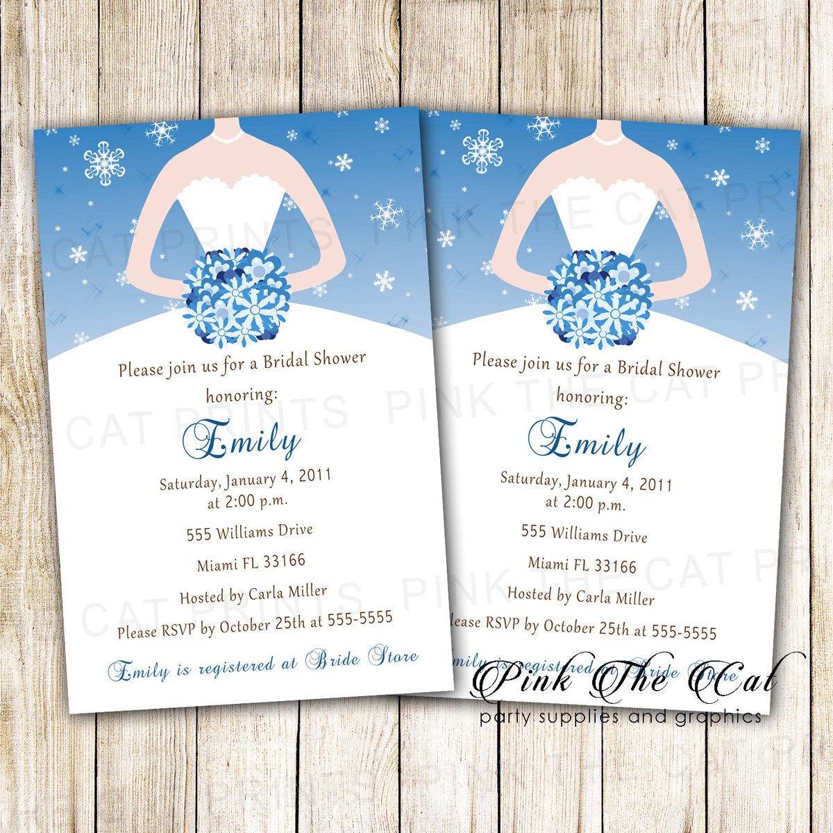 Winter Bridal Shower Invitation Card Snowflake Silver Blue Birthday Invite Sweet 16 Quinceanera Party Printable Personalized