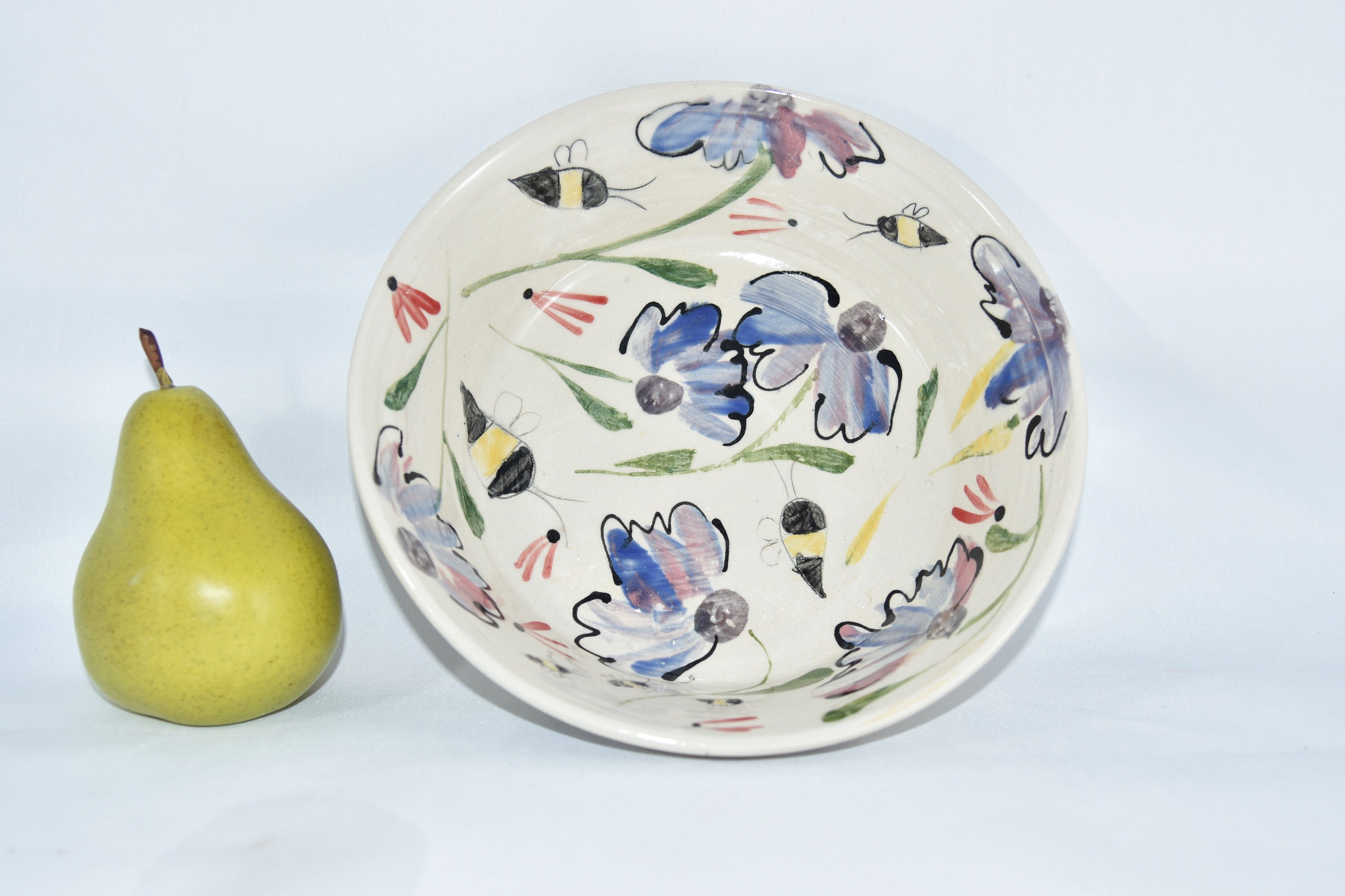 Pasta Bowl With Flowers & Bees. Soup Bowl, Salad Dish. Handmade Pottery
