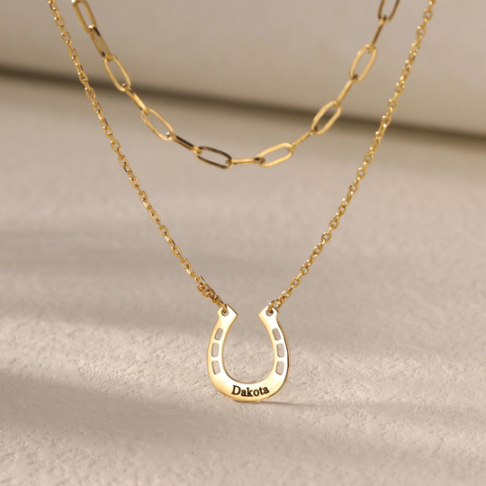Custom Double Layered Tiny Horseshoe Necklace|Personalized Paperclip Chain Engraved Name Necklace|Good Luck Charm|Horse Gifts