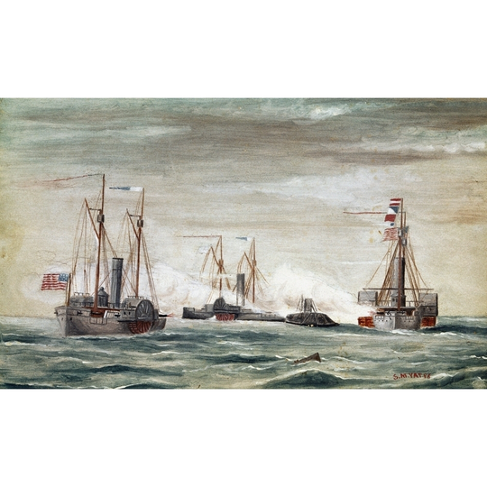 Civil War: Naval Battle. /Nthe Uss Sassacus Ramming The Ironclad Css Albemarle In Albemarle Sound, North Carolina, 5 May 1864. Watercolor By - 24 x 36