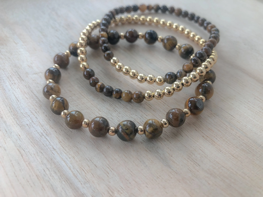 Tigers Eye Beaded Bracelet, Gold & Tigers Bracelet Set, 14Kt Bracelets