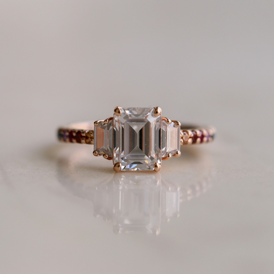 Emerald Cut Rainbow Ring, Engagement Three Stone Emerald Promise Gold Silver Gift For Her, Ideas