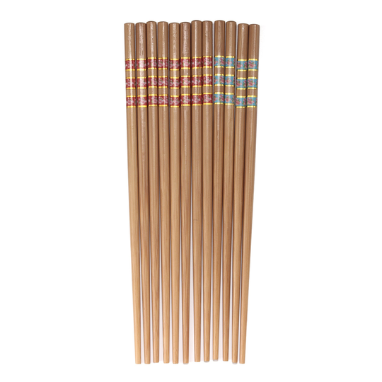 Premium Reusable Japanese Bamboo Chopsticks, Flower Print With Gold Stripes, 9.5 Inch
