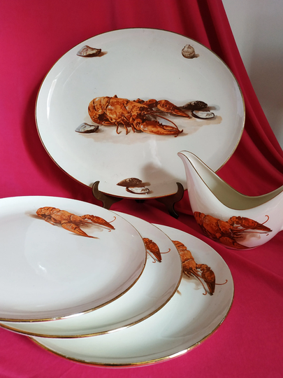 Lobster Bowls Plate Set seafood Serving Plates Antique Porcelain Orange boch