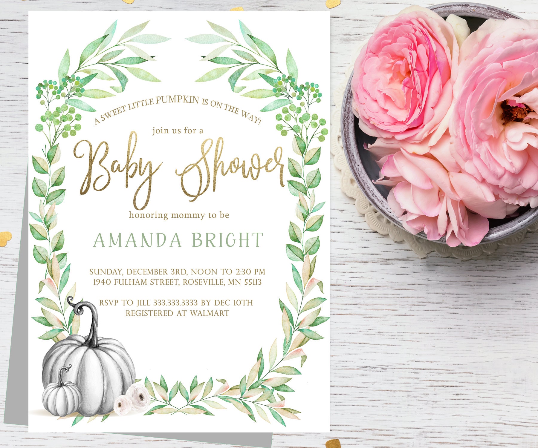 Pumpkin Baby Shower Invitations, Little Floral, Girls Fall Autumn Invite, Watercolors, A Little Pumpkin Baby Shower Invitation