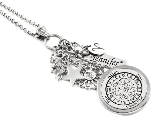 Aries Necklace, Horoscope Jewelry, Personalized Engraved Name, Gemstones, in Stainless Steel