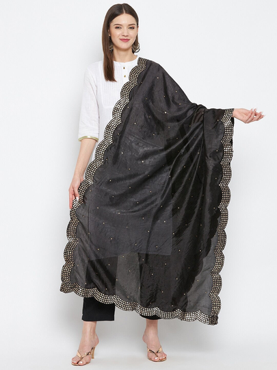 Women's Silk Blend Black Embroidered Dupatta With Beads & Stones Free Shipping