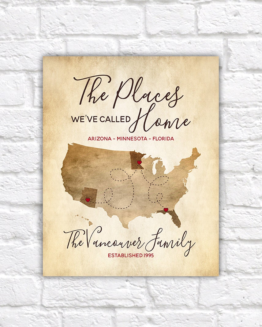 Family Gifts, The Places We've Called Home, Us Map With Locations Highlighted, Customizable, Rustic Worn Map, Parents Wall Art | Wf519