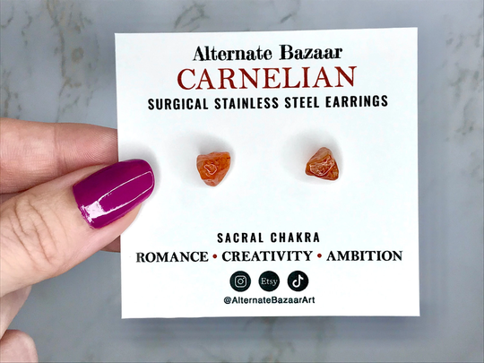 Raw Carnelian Earrings With Small Crystals On Stainless Steel. Handmade Stud For Ambition, Romance & Sacral Chakra