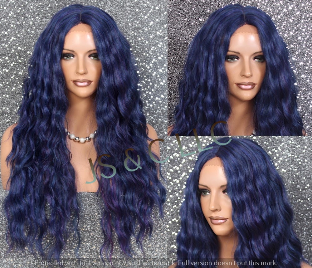 Exotic Purple Mix Human Hair Blend Lace Front Wig Long Wavy Center Part Cancer Alopecia Theataer Club Cosplay Anime Emo