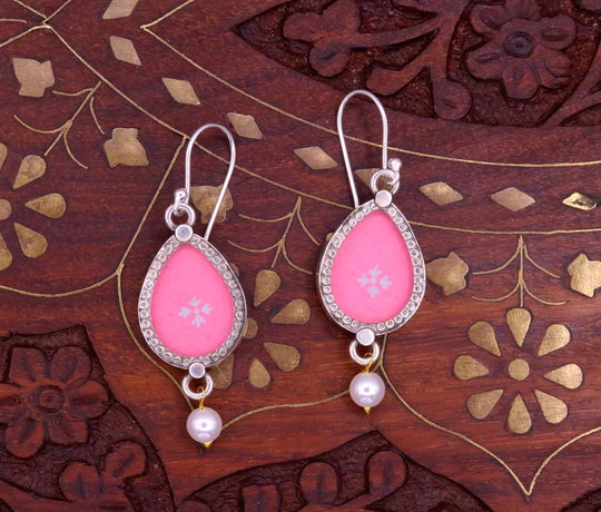 925 Sterling Silver Fabulous Pink Painting Handmade Frame Hoops Earrings Excellent Women's Girl's Ear Plug Drop Dangle S629