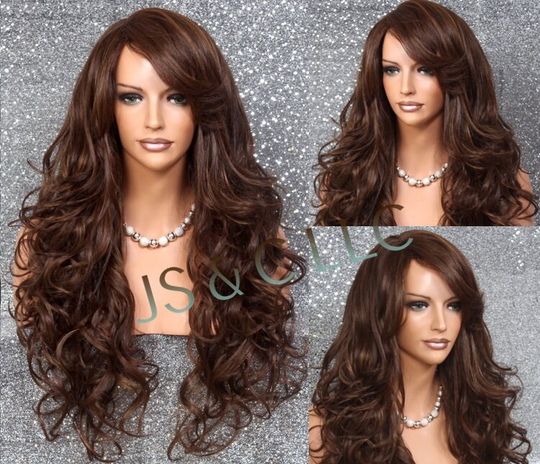 Brown Auburn Mixed Human Hair Blend Wig Layered & Curly Full Bangs Heat Ok Cancer Alopecia Theater Cosplay Anime Emo Celebrity Pageant