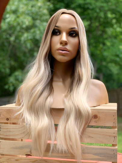 Human Hair Blend Wig Blonde Hair Balayage Ombre 24" Loose Wavy Full Cap Wig