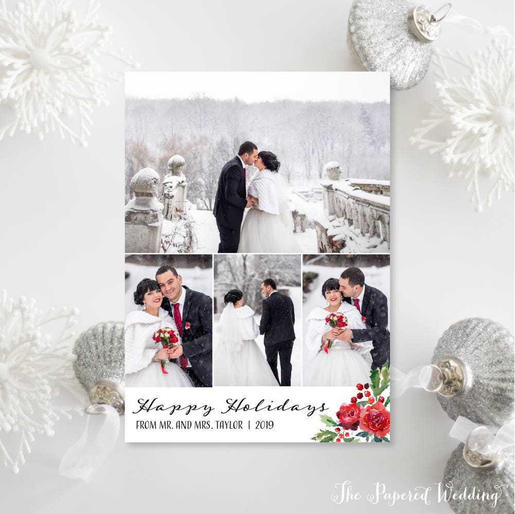 Printable Or Printed Red Floral Christmas Cards - Rose Photo Happy Holidays With Four Pictures Photos 045 P4