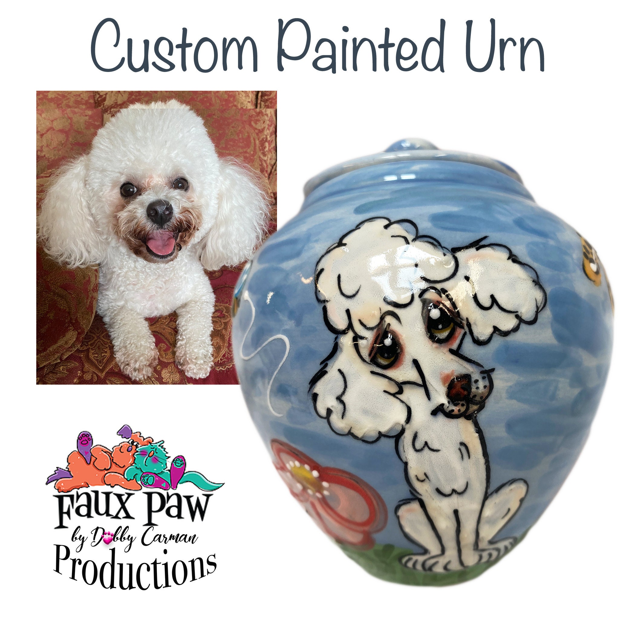 Unique Portrait Urn For Pets X Faux Paw Productions | Small Poodle Size Memorial Ashes, Cremains Keepsake, Dog With Picture