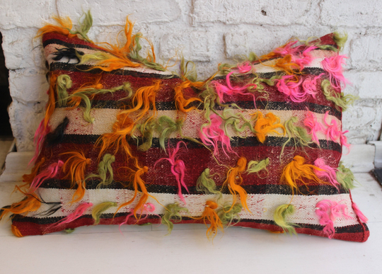 Angora Pillow, Handmade Pillow, Bohemian Kilim Pillow, Home Decor Vintage Pillow, Lumbar Pillow, 16"x24"Inch, 40x60 cm
