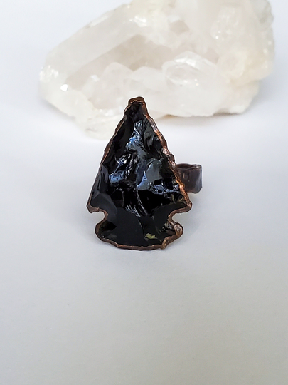 Obsidian Arrowhead Ring, Copper Electroformed Raw Stone Boho Statement Size 7.5