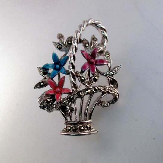 Marcasite Enamel Flower Basket Brooch. No.001335