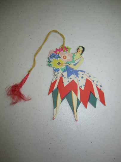 Unused Art Deco 1920's Die Cut Buzza Patriotic Bridge Tally Lady Wears Red White & Blue Dress With Stars Holds Bouquet Of Flowers
