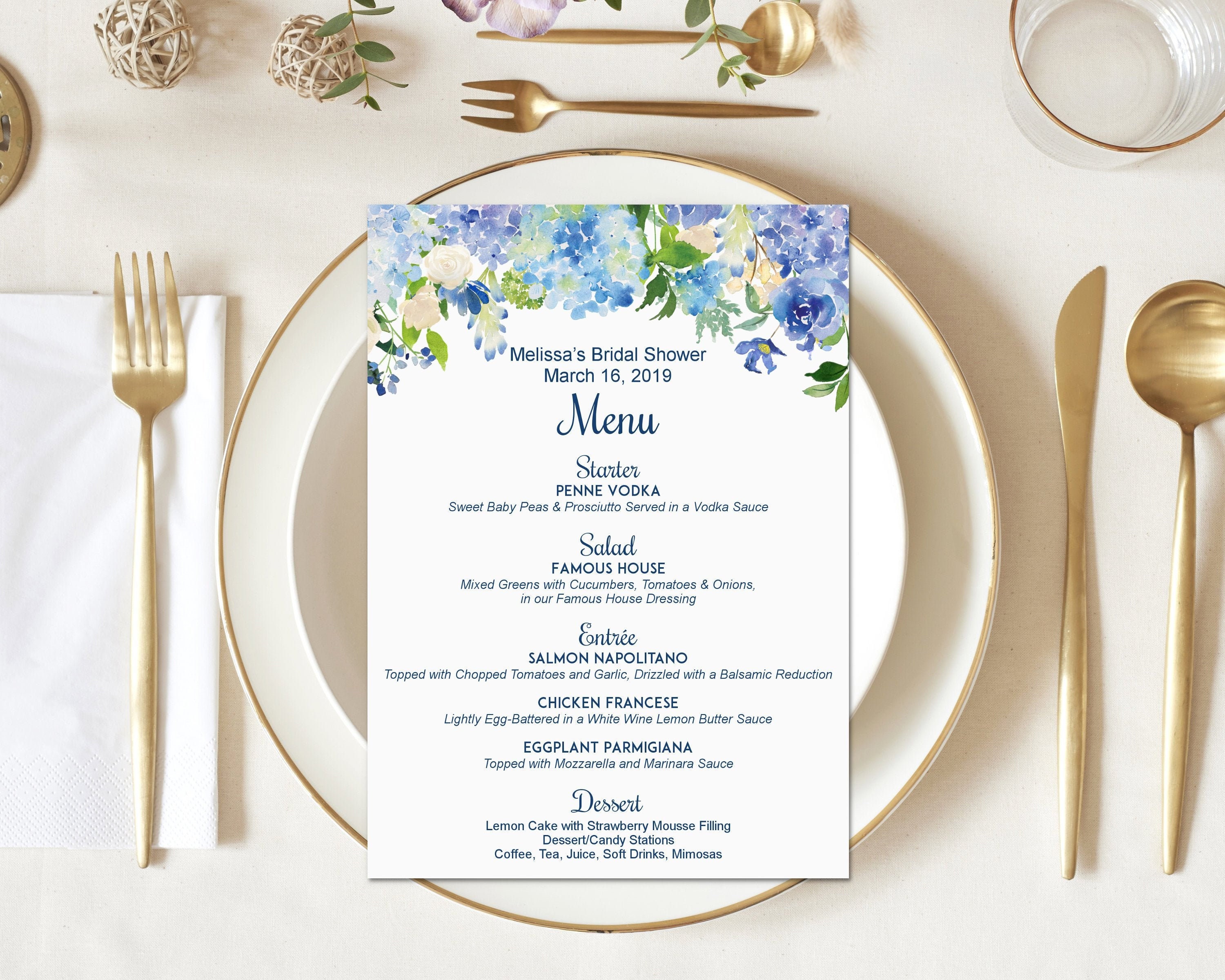 Menu Printable Blue Floral Hydrangea Bridal Shower Baby Birthday Wedding Sign Personalized Cards B77 C77
