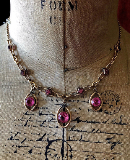Stately Antique Victorian Aesthetic 14K Gold Filled Brilliant Faceted Bezel Set Pink Paste Stone Accented Gorgeous Stamped Bib Necklace