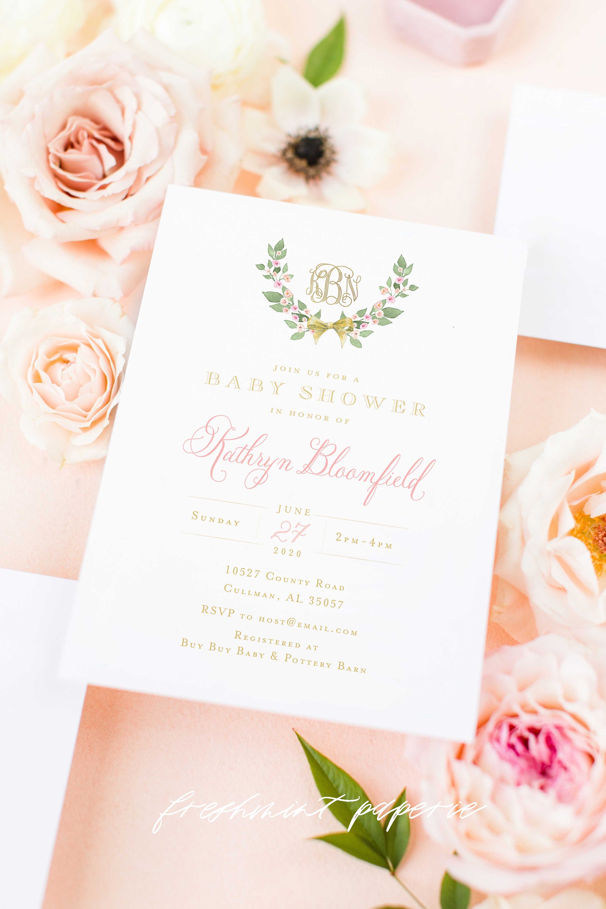 Monogram Baby Shower Invitation - Baby Shower Invitation Wreath Ribbon Pink