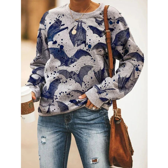 Bat Halloween Gray Casual Cotton-Blend Printed Crew Neck Sweatshirt - 3XL