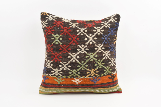Handmade Turkish Kilim Pillow, 20x20 Sham Cover, Boho Carpet Decorative Throw Cushion Sofa Aztec Pillow